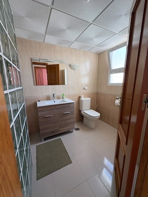A bathroom with a toilet, sink, and mirror.