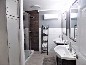Shower, hair dryer, towels, soap