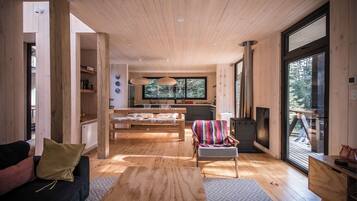 Smart TV, fireplace, books