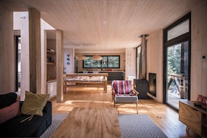 Smart TV, chimenea y libros