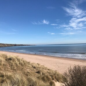 A beach with clear skies and calm waters. - The Church Front (Montrose)