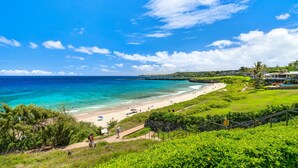 A coastal view with a beach, clear blue sky, and lush greenery.