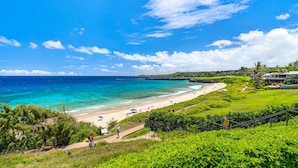 Vista costeira com praia, céu azul límpido e vegetação exuberante.