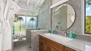 Hair dryer, bathrobes, towels