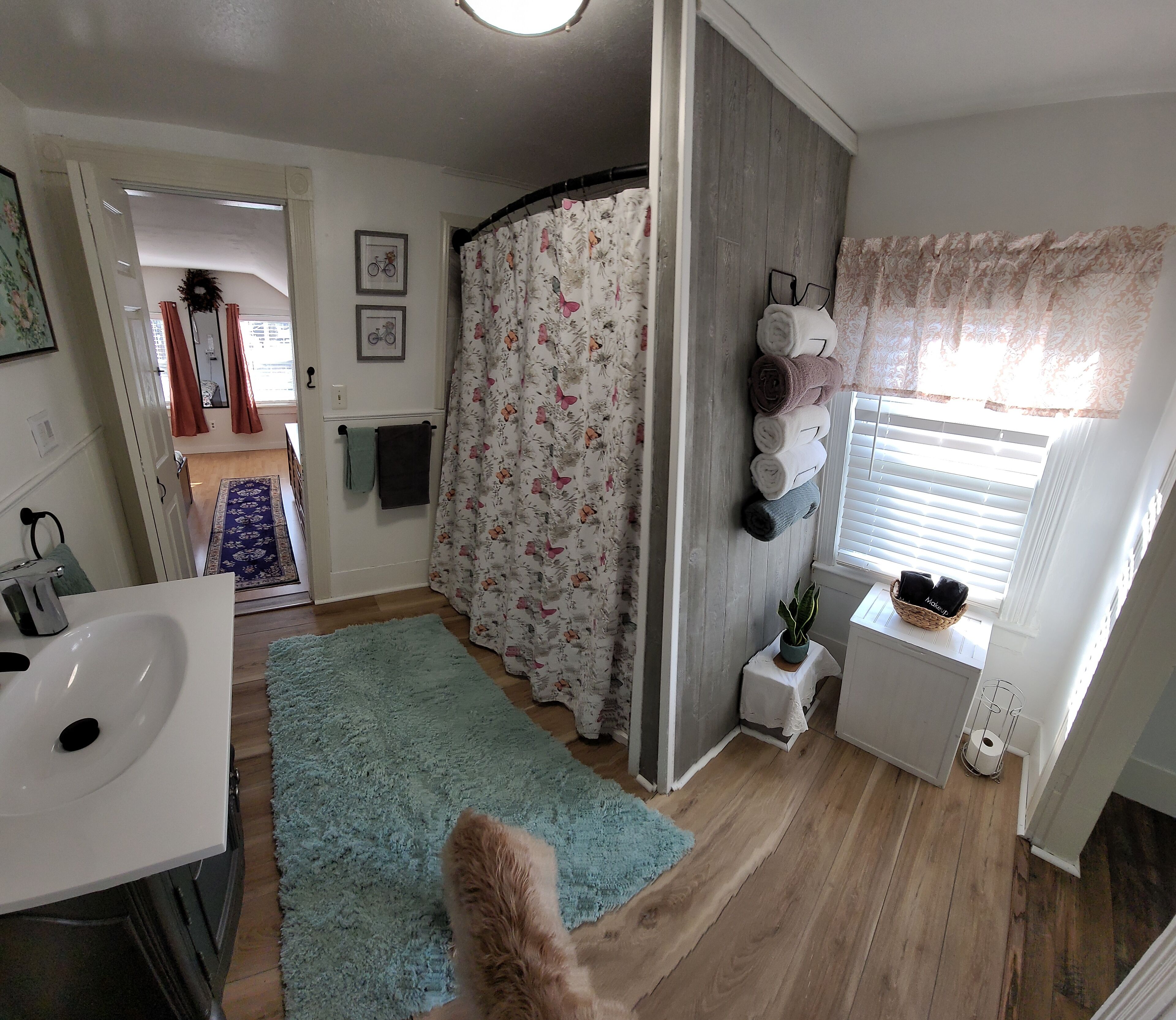 A bathroom with a sink, a shower curtain with a floral pattern, a small potted plant, and a window with blinds.