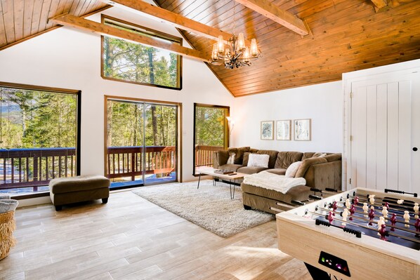 TV, fireplace, DVD player, foosball