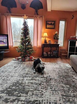Relax in this inviting living room with a TV, artwork, and a cozy reading nook.