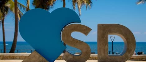 A large blue heart sculpture and the letters 'SD' on a beach with palm trees and the sea in the background.