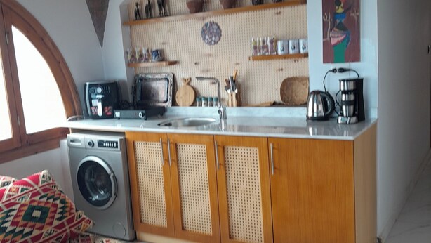 A compact kitchen with a washing machine, a sink, and a countertop. - Tala Boutique Accommodation 14 (Hurghada)