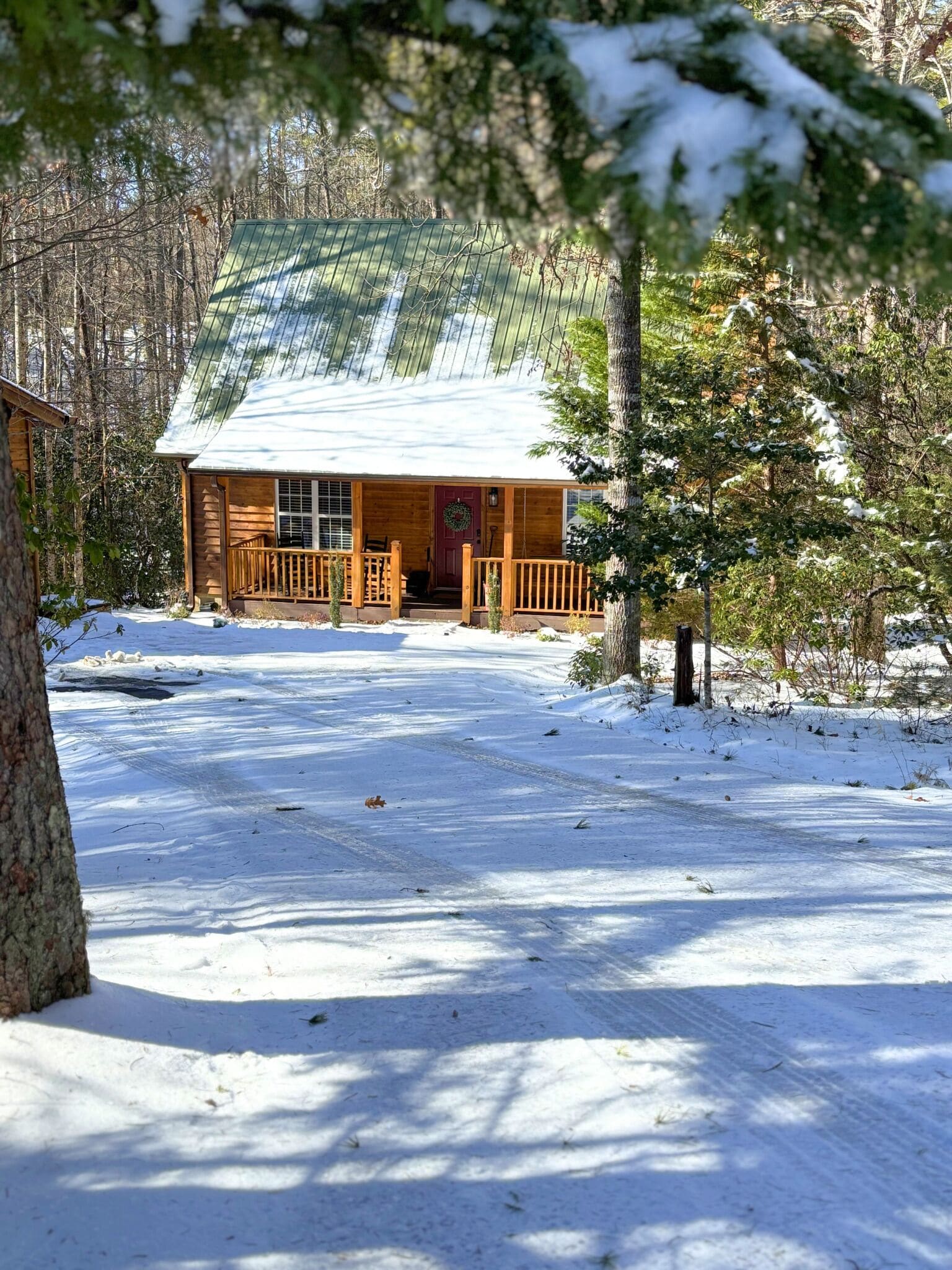 A wooden cabin with a green roof, surrounded by snow-covered ground and trees.