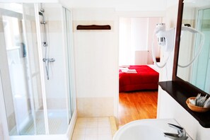 Hair dryer, bidet, towels, soap