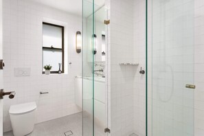 Shower, hair dryer, towels, shampoo