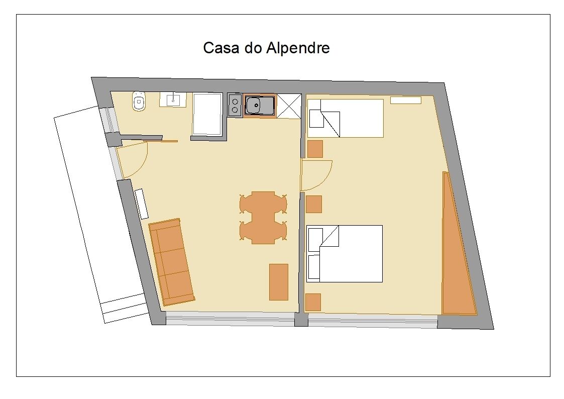 A floor plan of Casa do Alpendre with a dining area, kitchen, and a large living space.