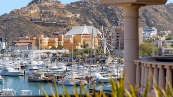 A marina with boats docked, a Ferris wheel, and buildings in the background.