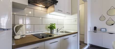 Fridge, microwave, stovetop, coffee/tea maker