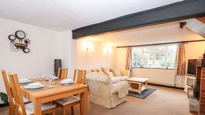 A cozy living room with a dining area, a sofa, a TV, and a fireplace. - Phloxhaven (Norwich)
