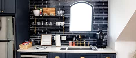Fridge, microwave, coffee/tea maker, electric kettle