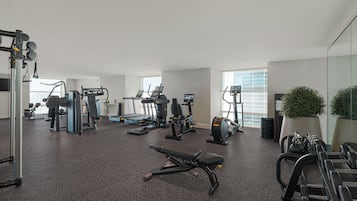 Een moderne sportschool met diverse fitnessapparaten, een groot raam en een potplant.