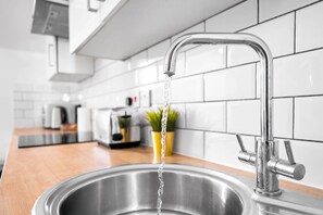 Una cocina con un lavamanos de acero inoxidable, un grifo moderno y una planta en maceta sobre la encimera.