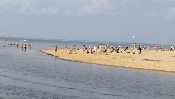Ein Strand mit Menschen, die sich sonnen und schwimmen.