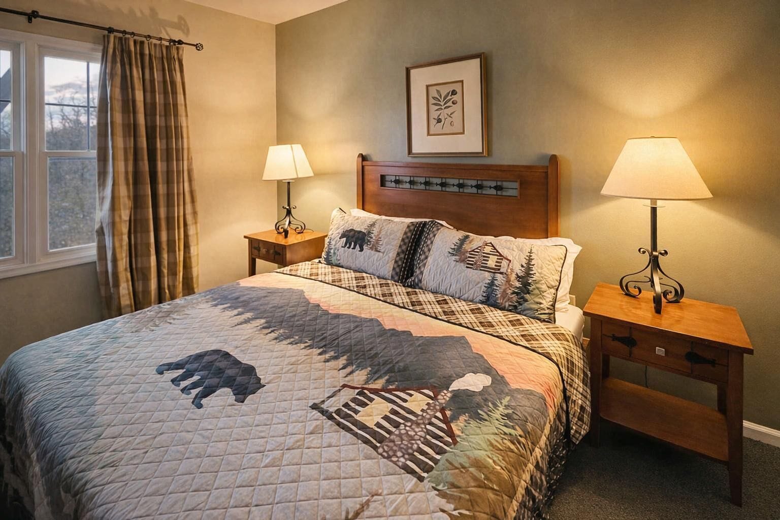 A bedroom with a bed, two bedside tables with lamps, a window with curtains, and a framed picture on the wall.