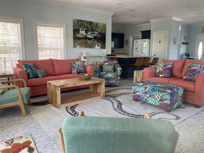 Smart TV, fireplace, books