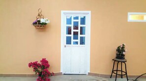 Enter a serene space with a clean entrance featuring a grid-patterned door and a small potted plant.