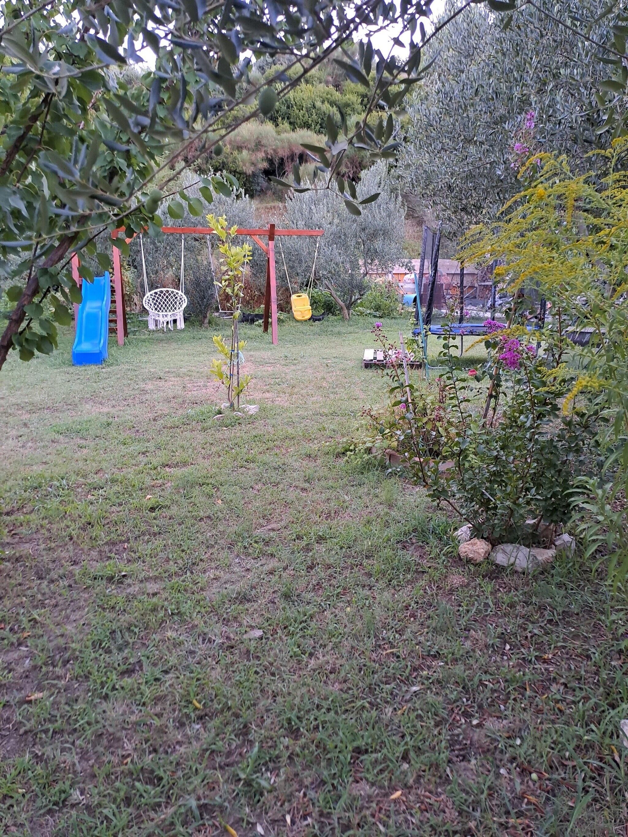 A garden with a swing set, a slide, and various plants.