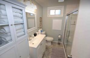 Shower, hair dryer, towels, soap