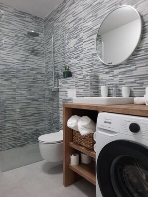 Shower, hair dryer, towels