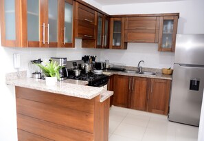 Kjøleskap, ovn, kokeplater og kaffetrakter/tekoker