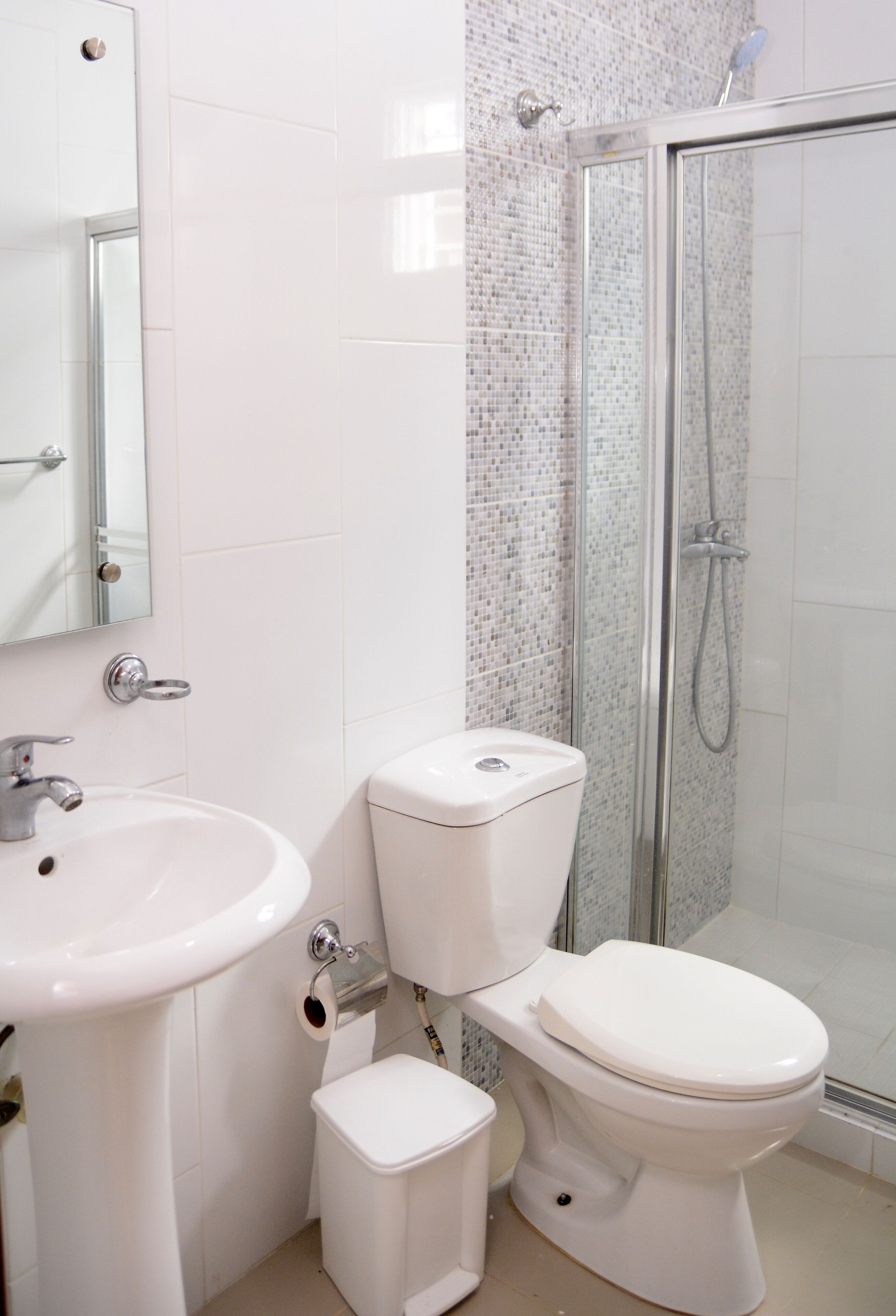 Une salle de bain avec un lavabo, des toilettes et une douche, le tout de couleur blanche.