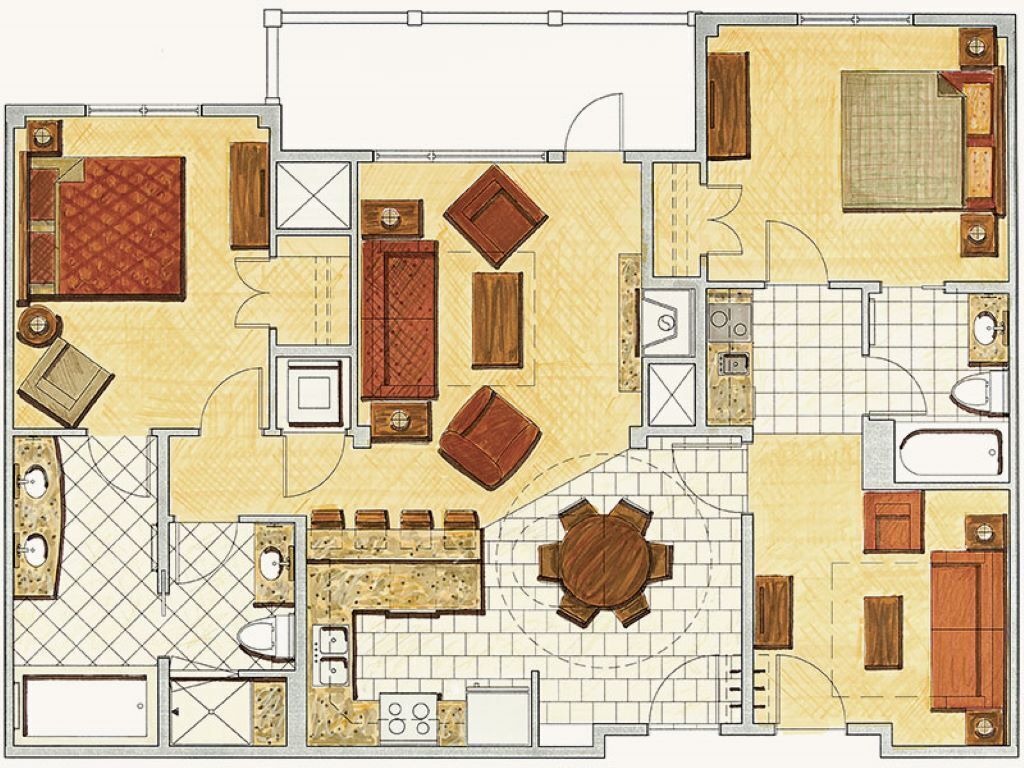 Un plan d’étage d’une chambre d’hôtel comprenant un coin cuisine, un espace repas, une salle de bain et un salon.