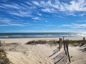 A beach with a wooden fence and sparse vegetation.