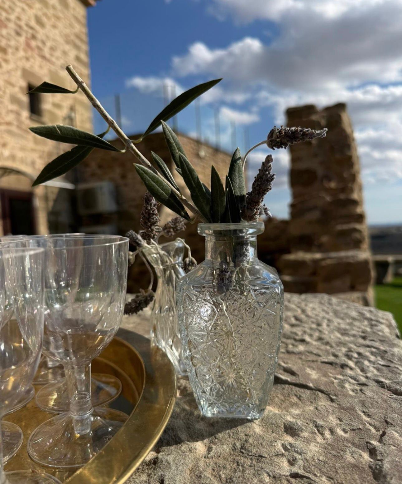 A clear glass vase with a plant on a stone table outdoors.