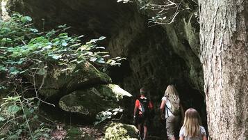 Un groupe de personnes fait une randonnée dans une zone boisée, parsemée de gros rochers et d’arbres.
