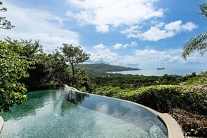 Una vista chiara di una piscina a sfioro dalla forma curvilinea, circondata da vegetazione lussureggiante e con vista su un paesaggio costiero con edifici e un tratto d'acqua all'orizzonte.