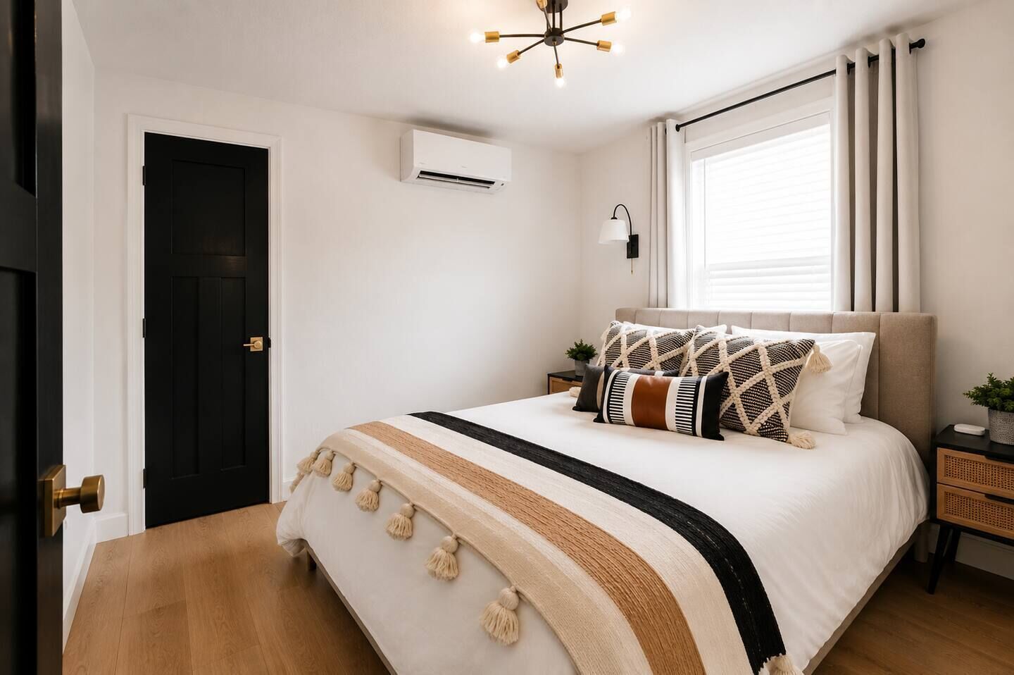 2 bedrooms, desk, blackout drapes, iron/ironing board