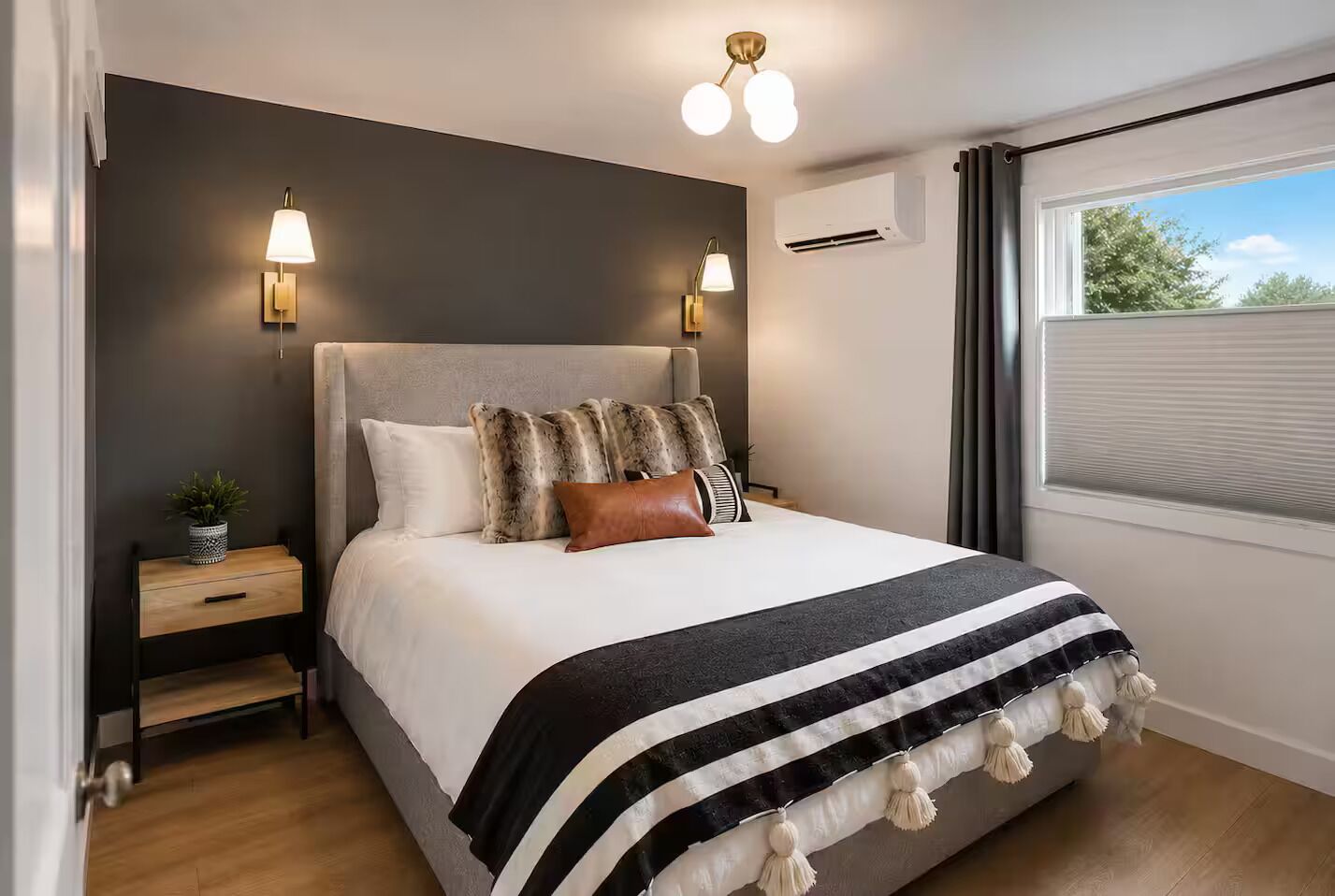 2 bedrooms, desk, blackout curtains, iron/ironing board