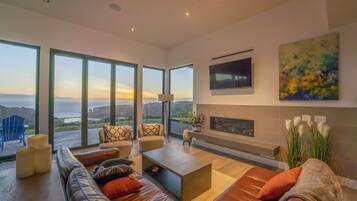 Smart TV, fireplace, books, stereo