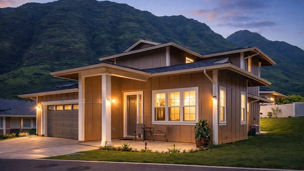 A modern two-story house with a garage, a covered porch, and a well-maintained lawn. - 🌺 Oahu Ocean & Mountain Views • Sleeps 14 • Pool, Spa, Near Beach, AC & BBQ 🌺 (Waianae)