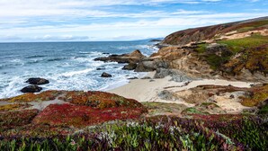 A coastal landscape with rocky terrain, a sandy beach, and a view of the ocean. - Renovated home w/ breathtaking views of the bay and new hot tub (Bodega Bay)