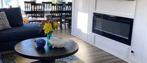 Smart TV, chimenea y libros