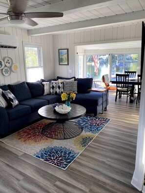 Smart TV, fireplace, books