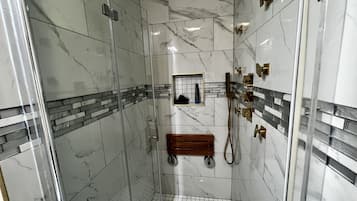 Shower, jetted tub, hair dryer, towels