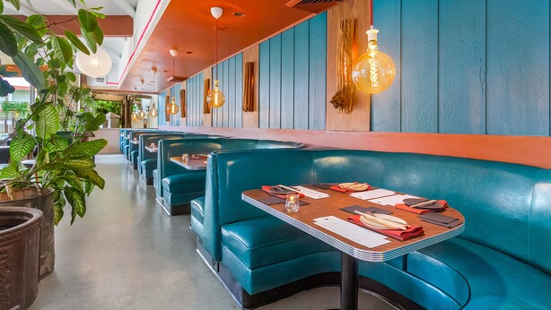 Un restaurante con asientos tipo banca en tono aguamarina y mesas de madera, con iluminación colgante y plantas en macetas.