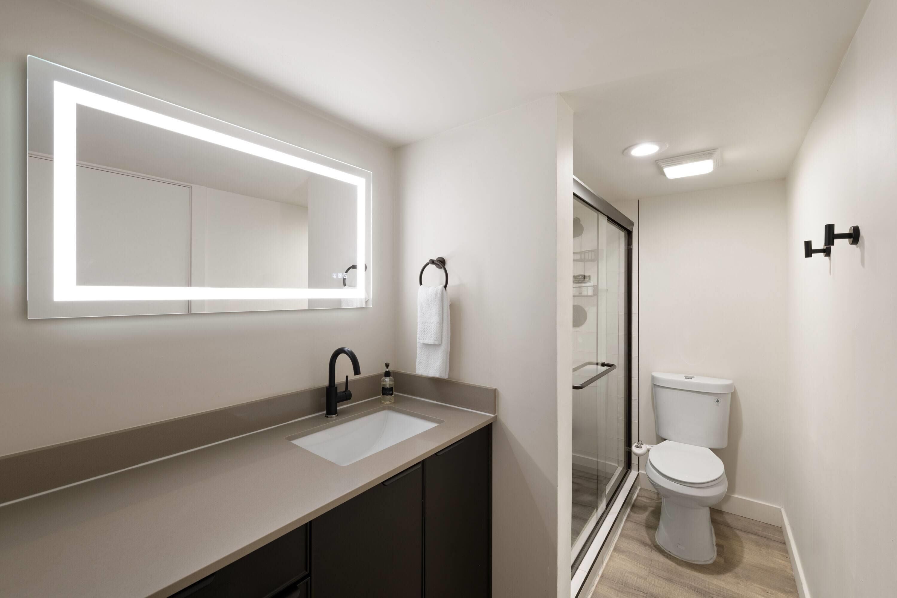 A modern bathroom with a large mirror, a sink, and a toilet.