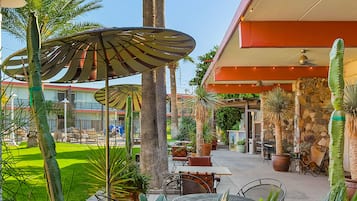 An outdoor patio area with tables and chairs, surrounded by potted plants and palm trees.