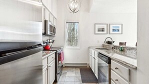 A modern kitchen with stainless steel appliances, a granite countertop, and a window with a view of trees. - Condo with BBQ, Newton Village (Quechee)