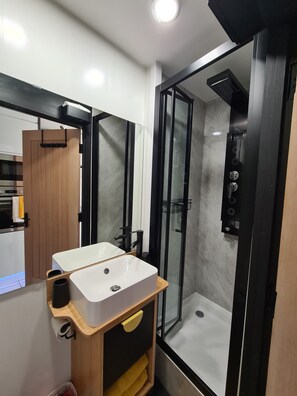 Shower, hair dryer, towels, soap